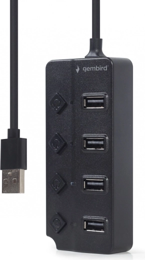 4-port USB 2.0-hub med afbrydere, sort
