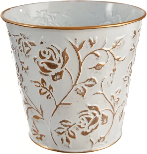 Blik urtepotteskjuler med ros motiv hvid/guld 12 × 12 × 13 cm