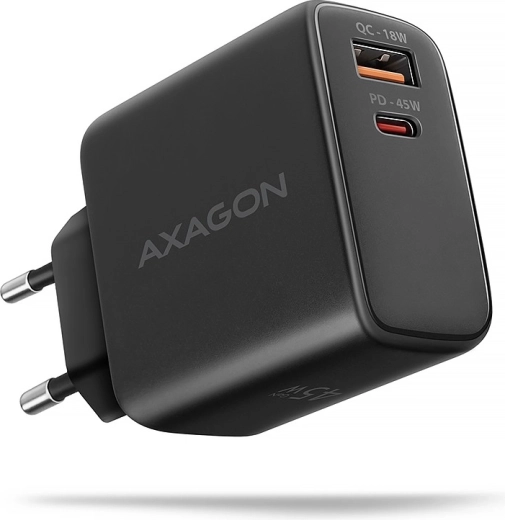 Axagon ACU-PQ45 GaN netoplader med 2 porte USB‑C PD og USB‑A QC, 45 W, sort