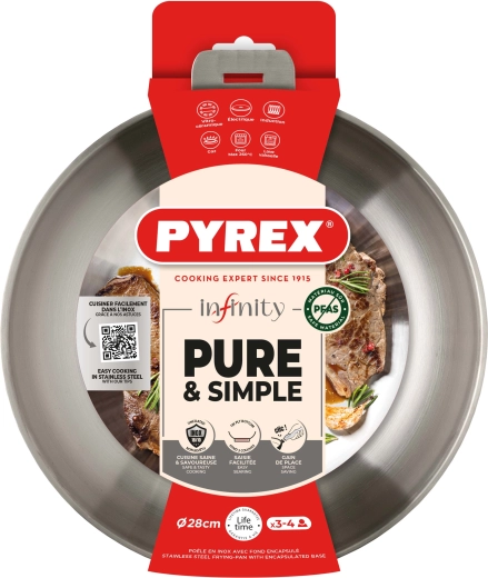Pyrex Infinity pande 28 cm i rustfrit stål med aftageligt håndtag