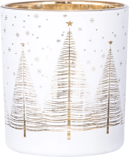 Hvid lysestage i glas med gylden inderside og motiv af juletræer 9 × 10 cm