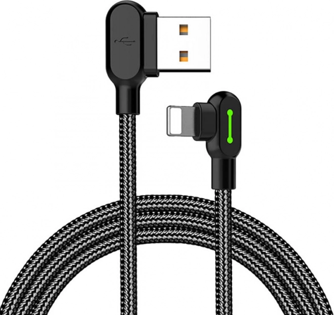 Vinklet USB-Lightning kabel med LED, 1,8 m, sort