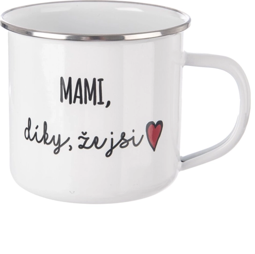 Hvid emaljekop „Mor, tak fordi du er“ 500 ml