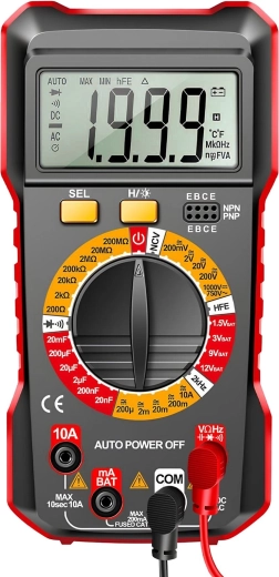 Digitalt multimeter med automatisk områdevalg og baggrundsbelyst display