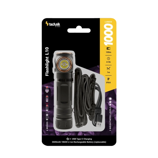 Teknik lygte L10 med USB‑C, 1000 lm, magnetisk, pandebånd