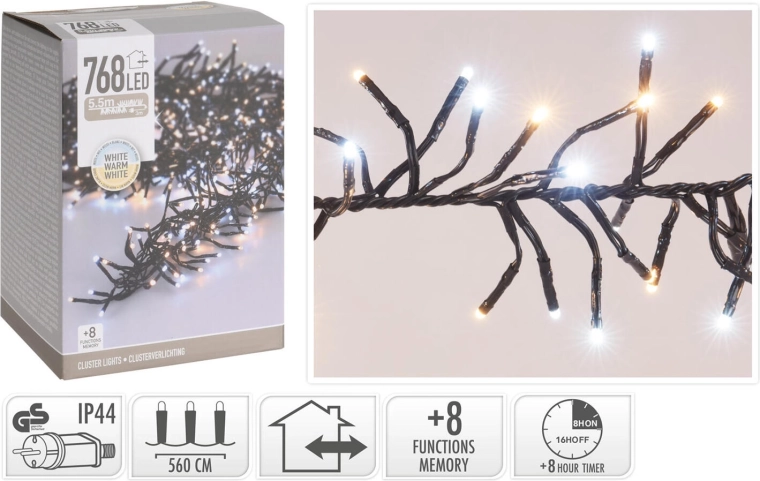 Jule LED-lyskæde 5,6 m, 768 LED, varm hvid, 8 funktioner, IP44, med timer - 1 stk.