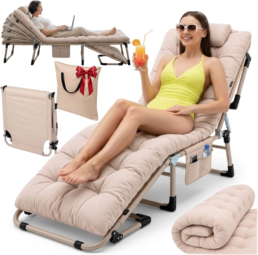 Sofotel ChillWell Dream sammenklappelig campingfeltseng og havestol/solseng med madras, pude og cover, beige