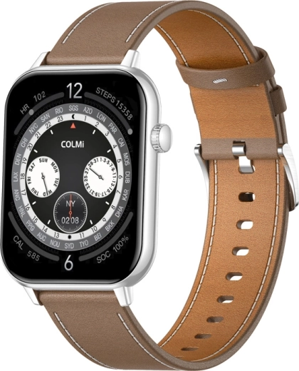Smartwatch COLMI C28 i sølv med brun læderrem