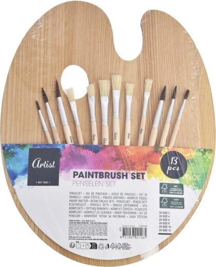 Træmalerpalette med sæt af pensler, 12 stk., 25 × 31 cm