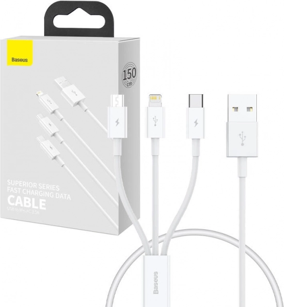Baseus Superior flerports opladnings- og datakabel USB til Lightning/USB‑C/Micro USB 0,5 m hvid