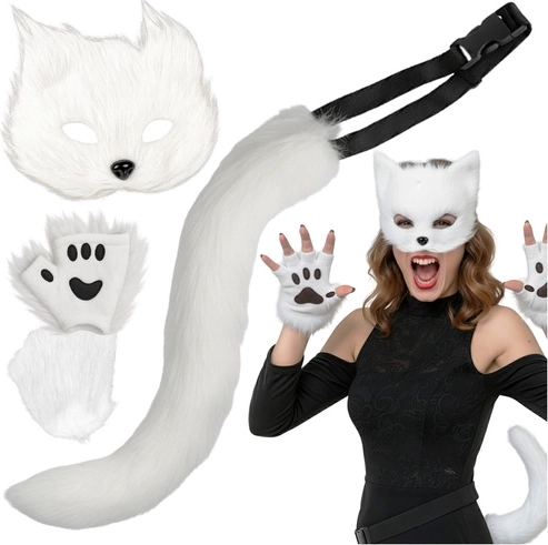 Ruhhy katte-/ræve-/ulvekostume (maske, hale, poter) hvid - 1 stk.