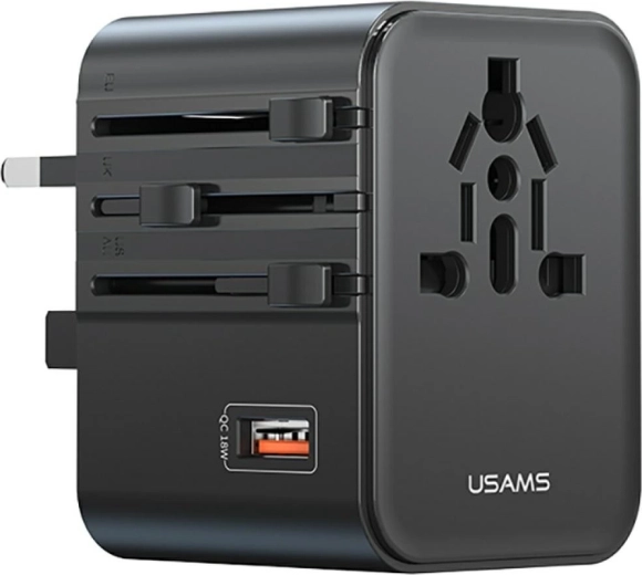 USAMS rejseadapter og oplader 25 W 4-i-1 (US/AU/EU/UK) sort