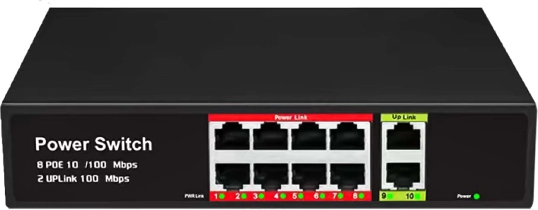 PoE-switch RENEW FORCE med 8 PoE-porte og 2 uplink-porte