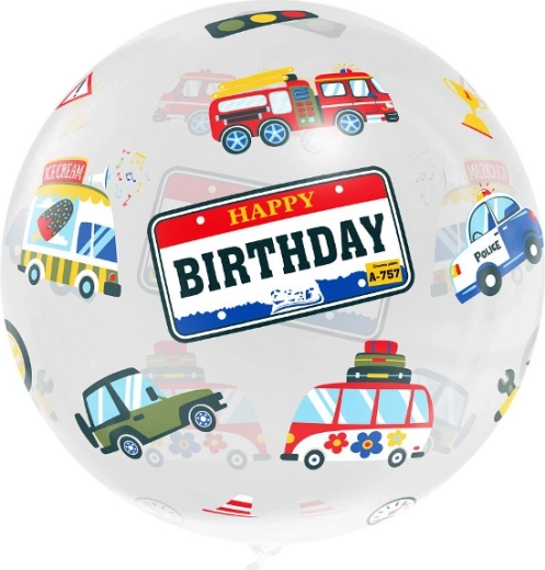 Krystalklar aqua-ballon Happy Birthday – køretøjer