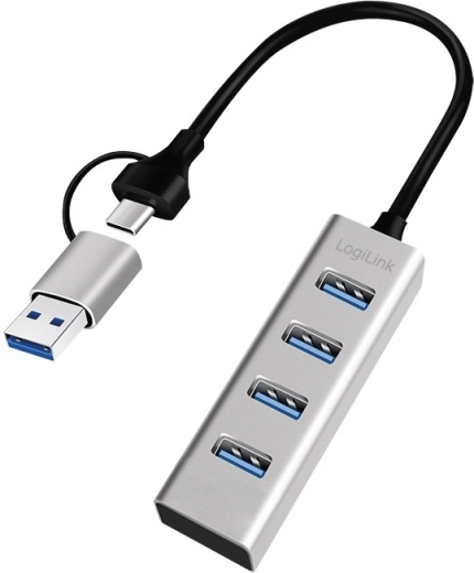 USB-hub 3.0 med 4 USB‑A-porte, 5 Gbit/s med USB‑C/USB‑A‑adapter