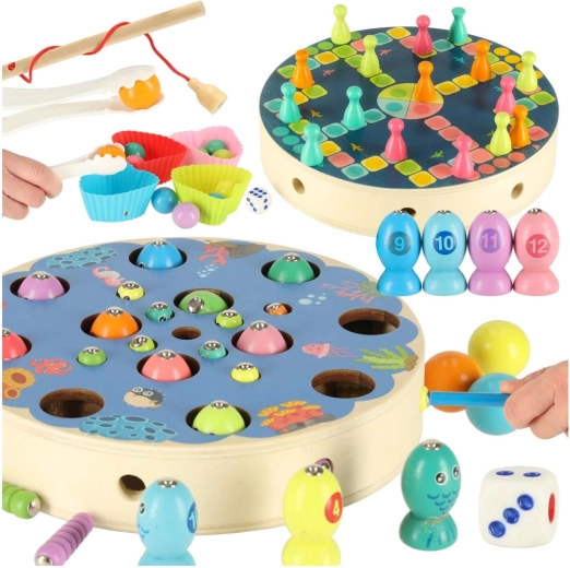 Træ-Montessori-spil: fisk og larver – magnetisk fiskeri og farvesortering