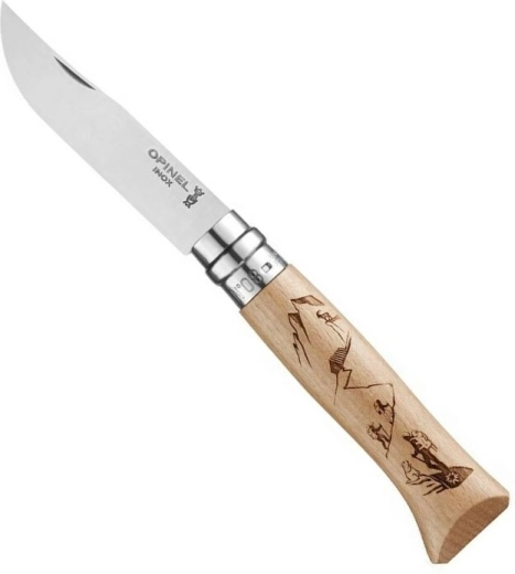 Opinel N°8 lommekniv med bøgetræsskaft, bjergbestigningsmotiv, 8,5 cm