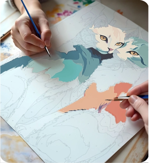 Kattmotiv fyldt med farver og glæde