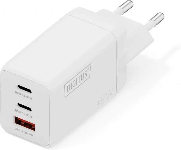 USB GaN-vægoplader 67 W, 2× USB‑C og 1× USB‑A, hvid