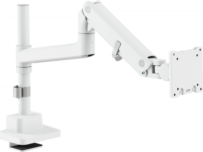 Hvidt gasfjeder-monitorarm med bordklemme, 57" / 27 kg, VESA 75x75 og 100x100