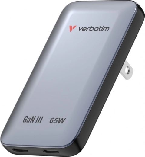 Verbatim Essentials Slim GaN-oplader 65 W med 2× USB-C (US/UK/EU) grå