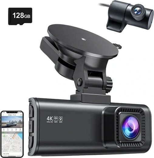 Dashcam REDTIGER F7NP Wi‑Fi 4K + 1080p med 128 GB-kort