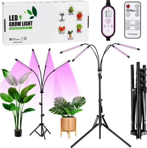 LED-vækstlampe med stativ, 4 paneler og fjernbetjening