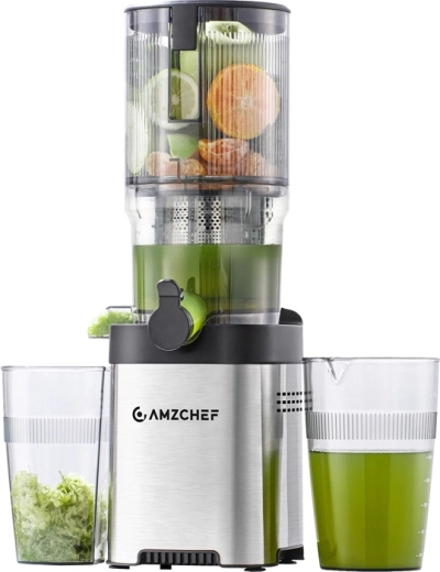 AMZCHEF slowjuicer med koldpresning og ekstra bred påfyldningsåbning 142 mm