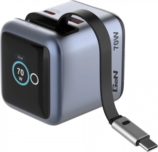 Verbatim mini GaN-oplader 70 W med udtrækkabel USB‑C og display