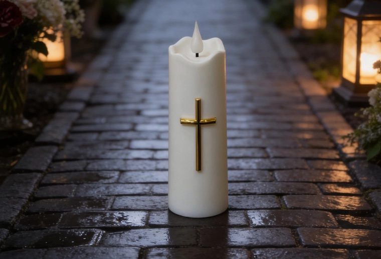 LED-lys hvid med gyldent kors 15,5 cm