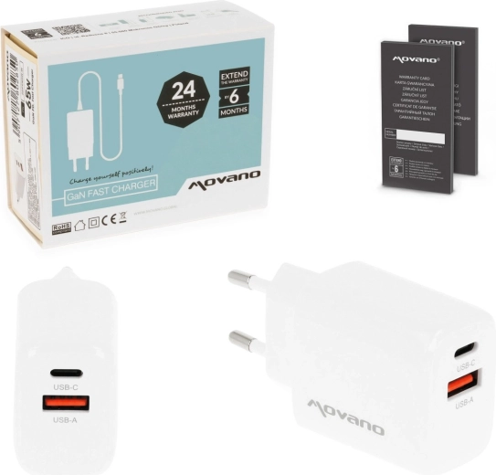 Movano GaN netoplader 20 W USB-C PD + USB-A hvid