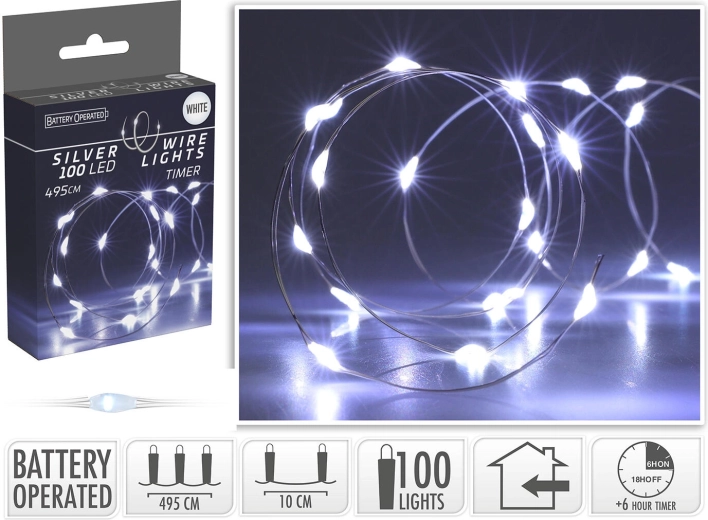 Jule-LED-lys 4,95 m, 100 LED, kold hvid, på tråd, med timer - 1 stk.