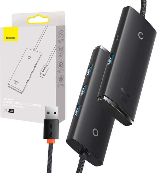 USB-C adapter Baseus OS-Lite med 4 USB-porte 25 cm sort