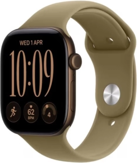 Apple Watch Series 12 GPS, 42 mm aluminiumskasse i mørkebrun med olivengrøn sportsrem S/M