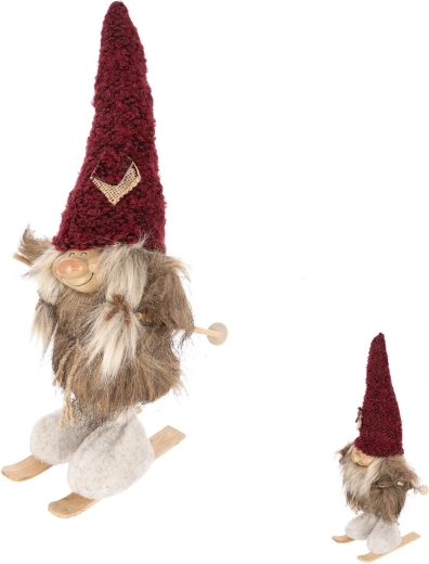 Dekoration: Nisse på ski i polyester og træ, 37 cm (2 varianter)