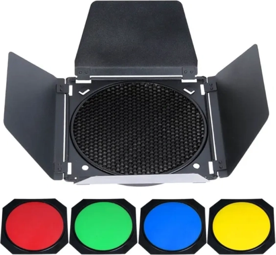Godox BD-04 sæt med klapper, honeycomb-gitter og farvefiltre til 7" reflektor