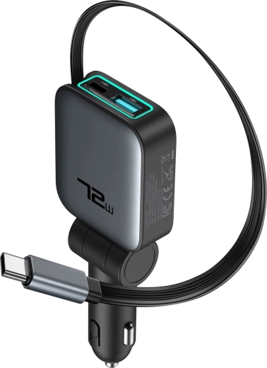 Biloplader Renew Force 3-i-1 72 W med oprulningskabel USB-C