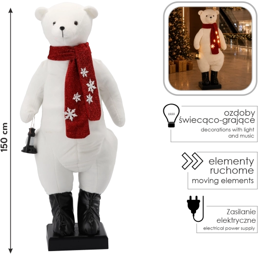 Oppustelig juledekoration med isbjørn, LED-belysning, melodi og bevægelse, 150 cm