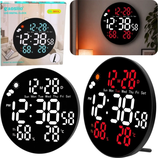 Gaosio digitale LED-vægur 25 cm med temperatur, luftfugtighed og fjernbetjening