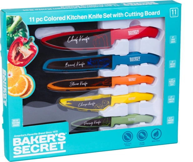 Baker's Secret 11-delt sæt med farverige køkkenknive og skærebræt