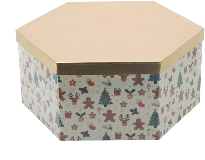 Julegaveæske i hexagon med guldfarvet låg 39 × 33,5 × 16,5 cm