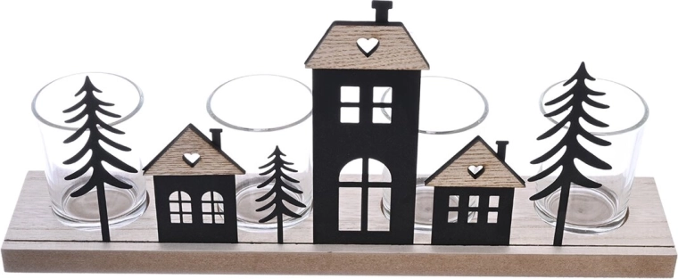 Adventsstage med små huse i træ og metal 37 × 7 × 16 cm