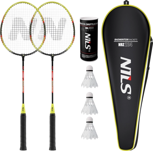Sæt badmintonketsjere Nils NRZ204-1 (2 stk.) med etui og fjerbolde