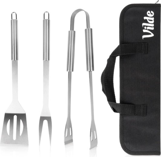 Sæt med grillredskaber Vilde i rustfrit stål med etui, 3 stk.
