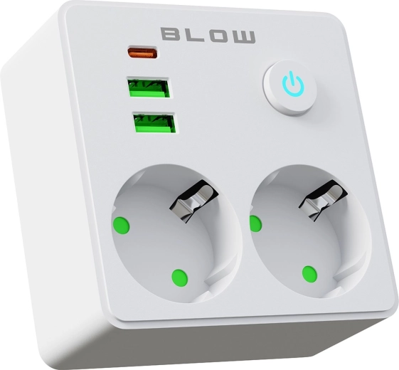 BLOW stikdåseadapter med 2 stik, 2× USB og USB‑C, hvid