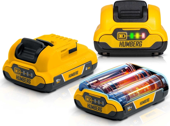 To udskiftelige 12V Li‑Ion batterier med LED-indikator