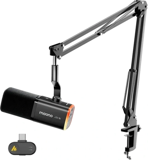 Maono PD100WS trådløs og USB dynamisk mikrofon med AI-støjreduktion og RGB (sort)