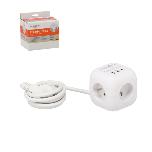 Forlænger-kost med 3×230 V og 3× USB, 1,5 m, hvid