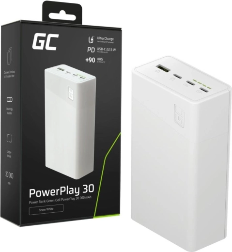 Powerbank 30.000 mAh, 22,5 W, 4 porte, hvid