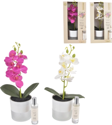 Dekorativ orkidé i urtepotte med LED-belysning og duftspray 30 ml